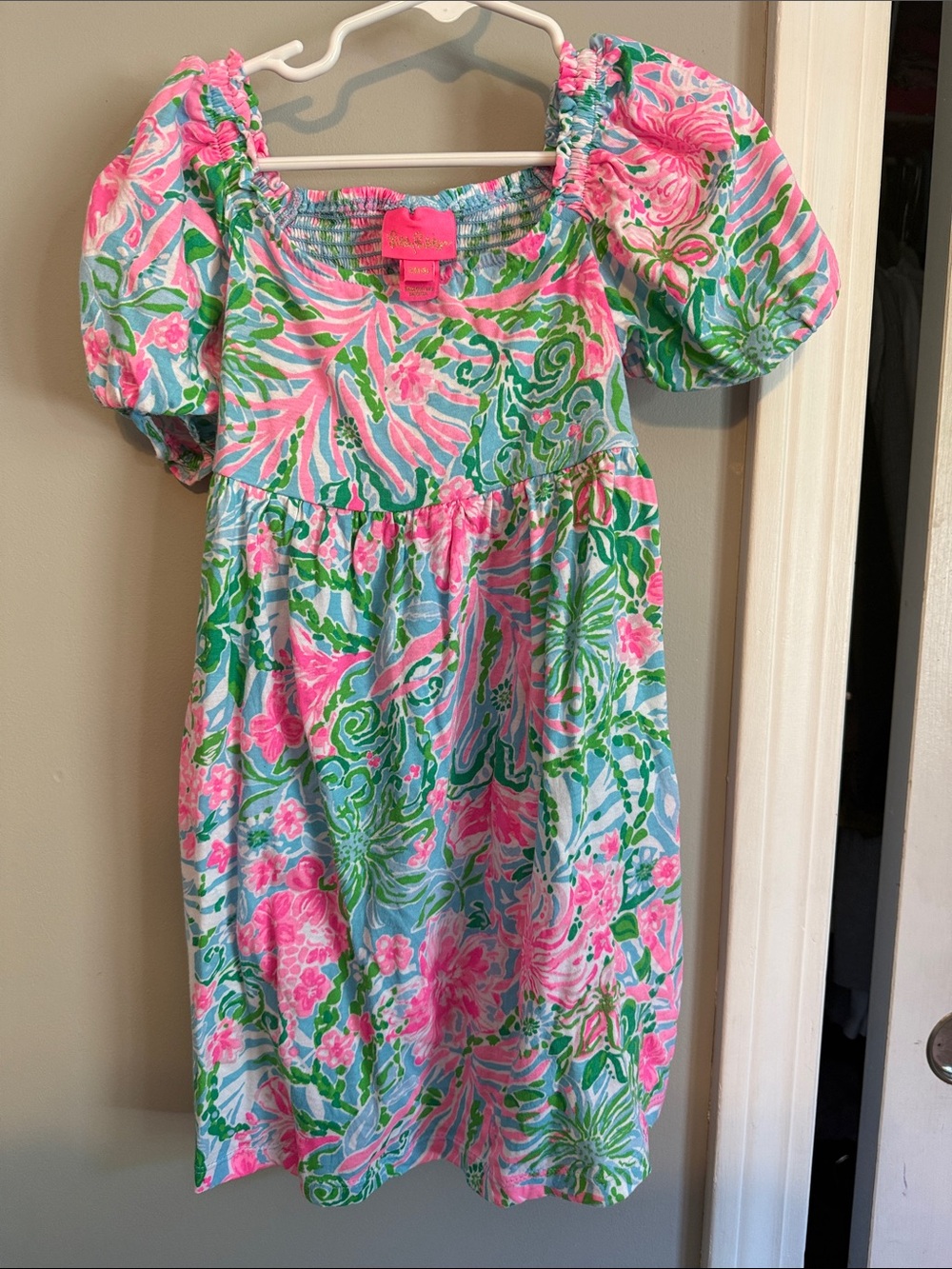 Kids Floral Puff-Sleeve Dress - Pink & Green